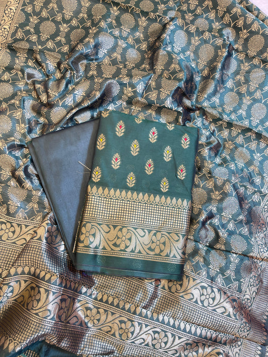 Bottle Green Butter Silk Zari Mina Booti Banarasi 3 pcs Suit Set 600SKL_BS3