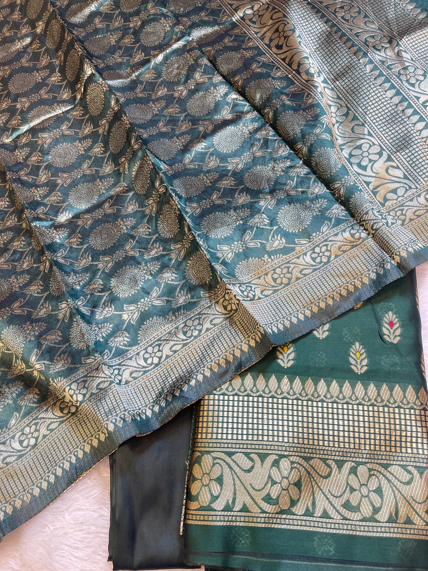 Bottle Green Butter Silk Zari Mina Booti Banarasi 3 pcs Suit Set 600SKL_BS3