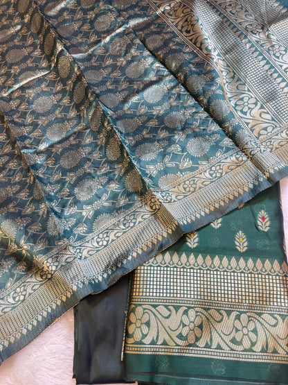 Bottle Green Butter Silk Zari Mina Booti Banarasi 3 pcs Suit Set 600SKL_BS3
