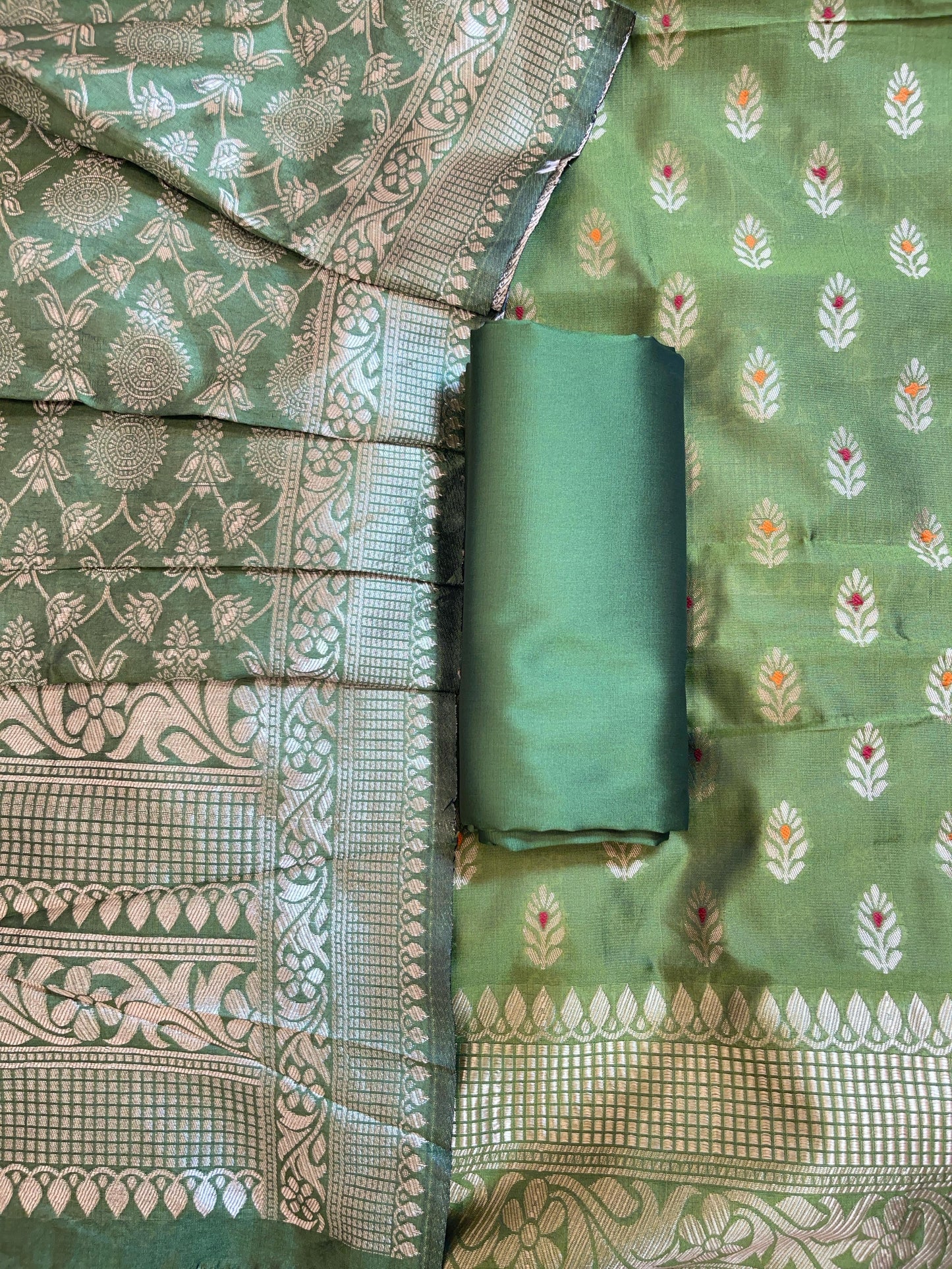 Mehndi Green Butter Silk Zari Mina Booti Banarasi 3 pcs Suit Set 600SKL_BS4