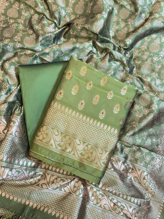 Mehndi Green Butter Silk Zari Mina Booti Banarasi 3 pcs Suit Set 600SKL_BS4