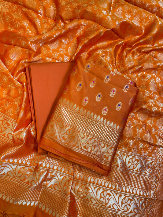 Orange Butter Silk Zari Mina Booti Banarasi 3 pcs Suit Set 600SKL_BS5