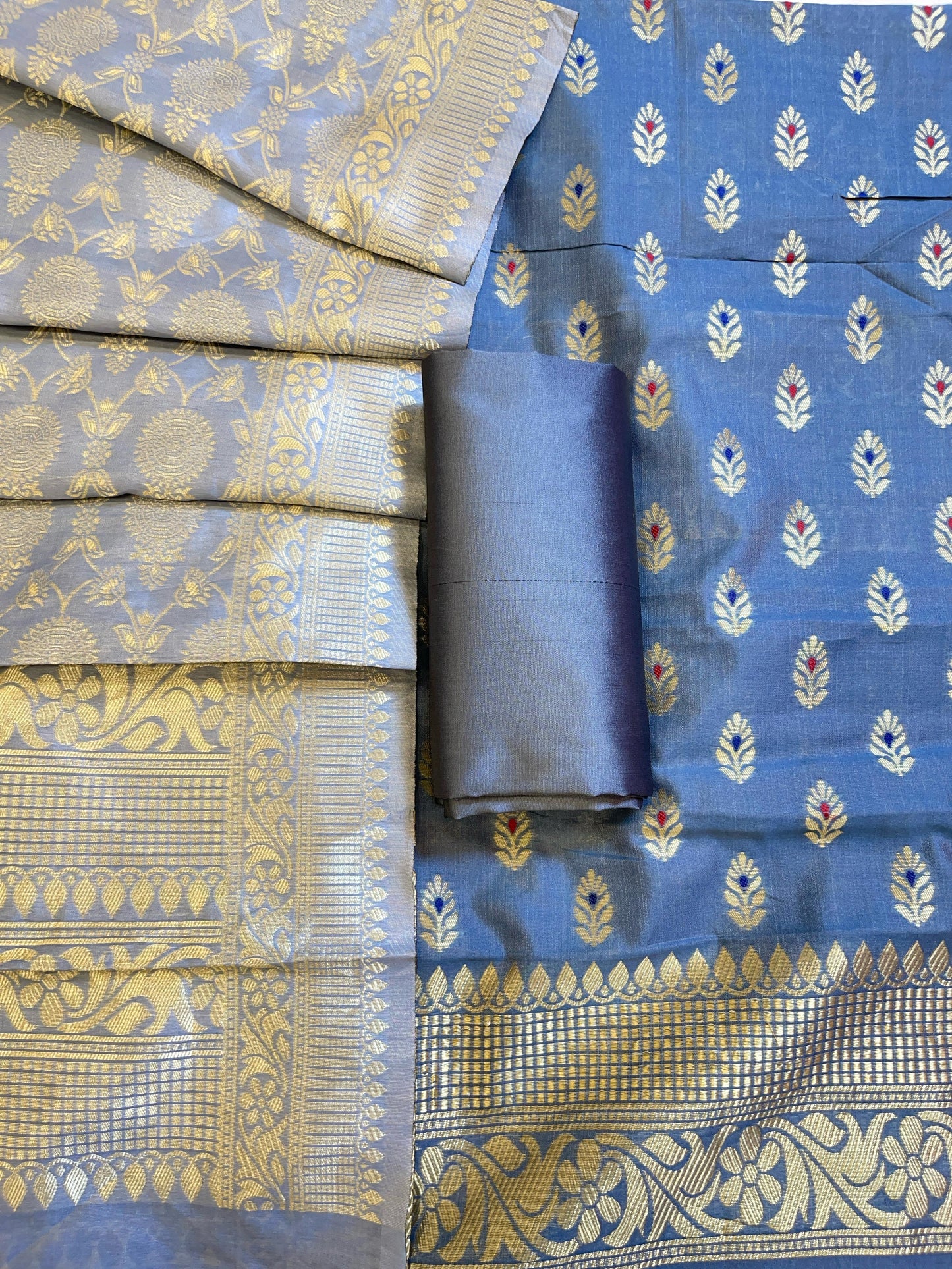 Grey Butter Silk Zari Mina Booti Banarasi 3 pcs Suit Set 600SKL_BS7