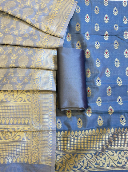 Grey Butter Silk Zari Mina Booti Banarasi 3 pcs Suit Set 600SKL_BS7