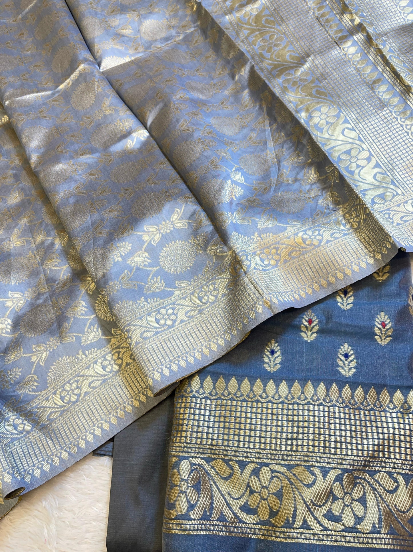 Grey Butter Silk Zari Mina Booti Banarasi 3 pcs Suit Set 600SKL_BS7