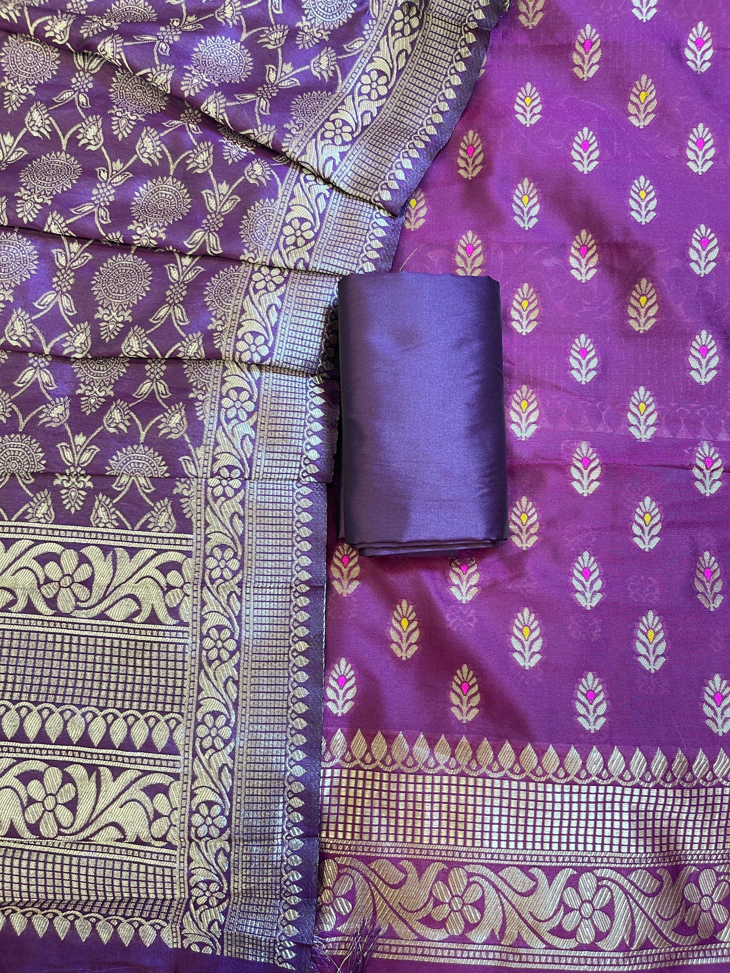 Purple Butter Silk Zari Mina Booti Banarasi 3 pcs Suit Set 600SKL_BS8