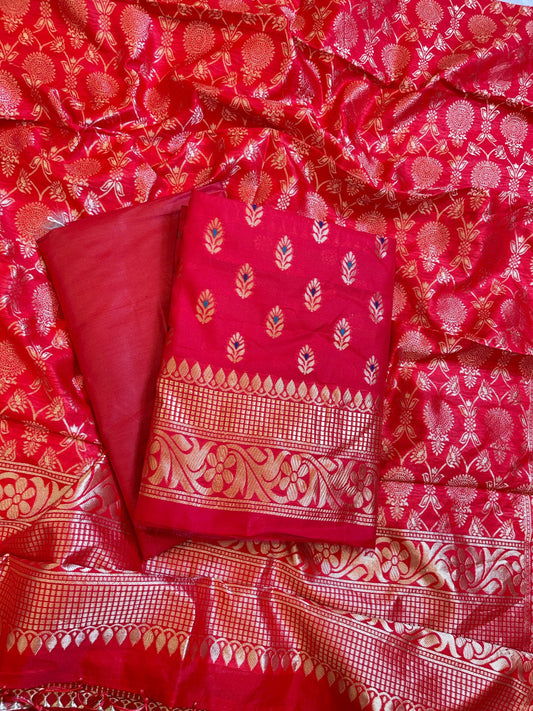 Red Butter Silk Zari Mina Booti Banarasi 3 pcs Suit Set 600SKL_BS11