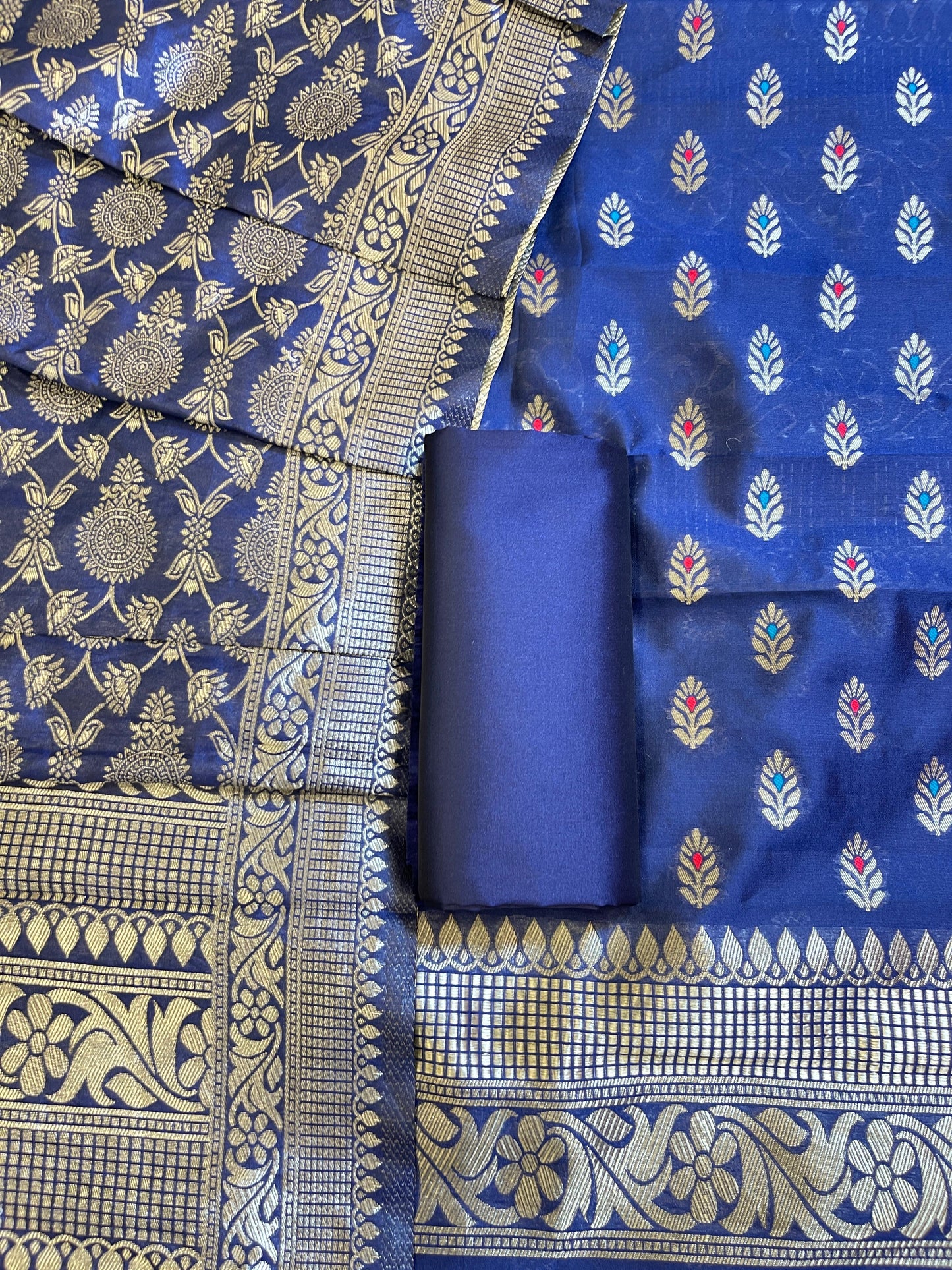 Violet Blue Butter Silk Zari Mina Booti Banarasi 3 pcs Suit Set 600SKL_BS12