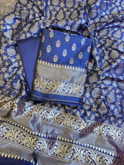 Violet Blue Butter Silk Zari Mina Booti Banarasi 3 pcs Suit Set 600SKL_BS12