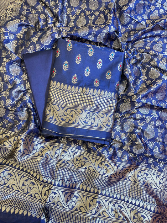 Violet Blue Butter Silk Zari Mina Booti Banarasi 3 pcs Suit Set 600SKL_BS12