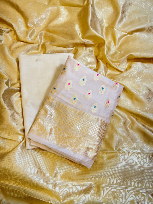 White Butter Silk Zari Mina Booti Banarasi 3 pcs Suit Set 600SKL_BS13