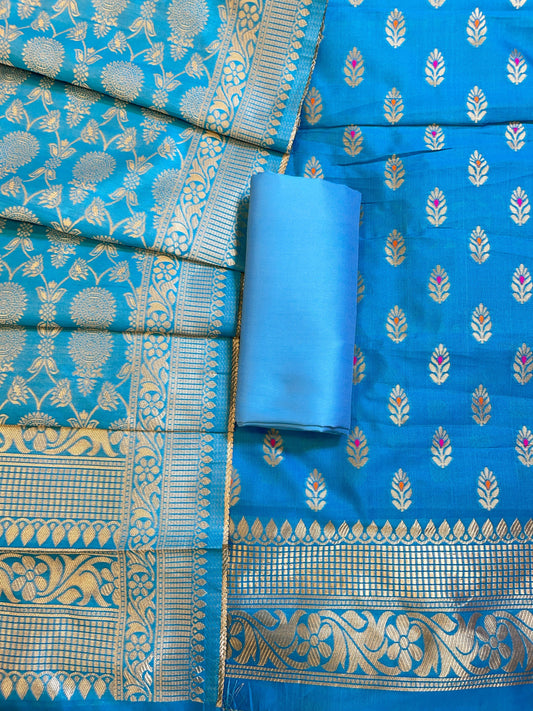 Sky Blue Butter Silk Zari Mina Booti Banarasi 3 pcs Suit Set 600SKL_BS14