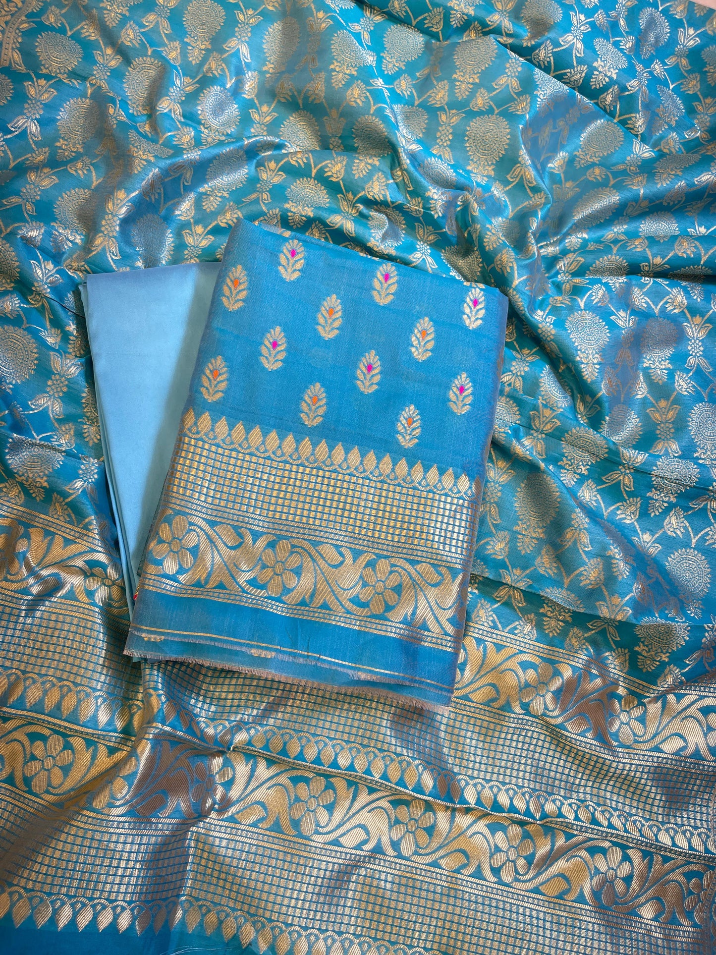 Sky Blue Butter Silk Zari Mina Booti Banarasi 3 pcs Suit Set 600SKL_BS14