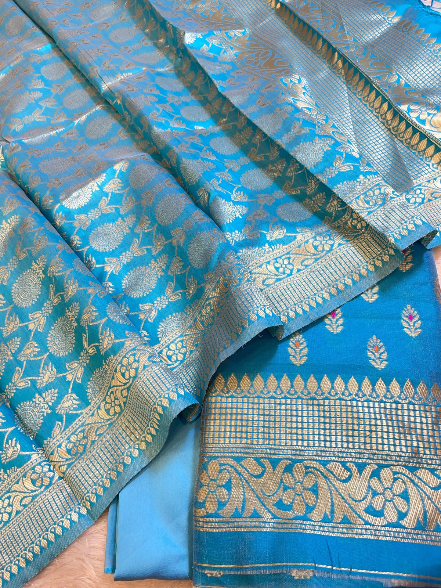 Sky Blue Butter Silk Zari Mina Booti Banarasi 3 pcs Suit Set 600SKL_BS14