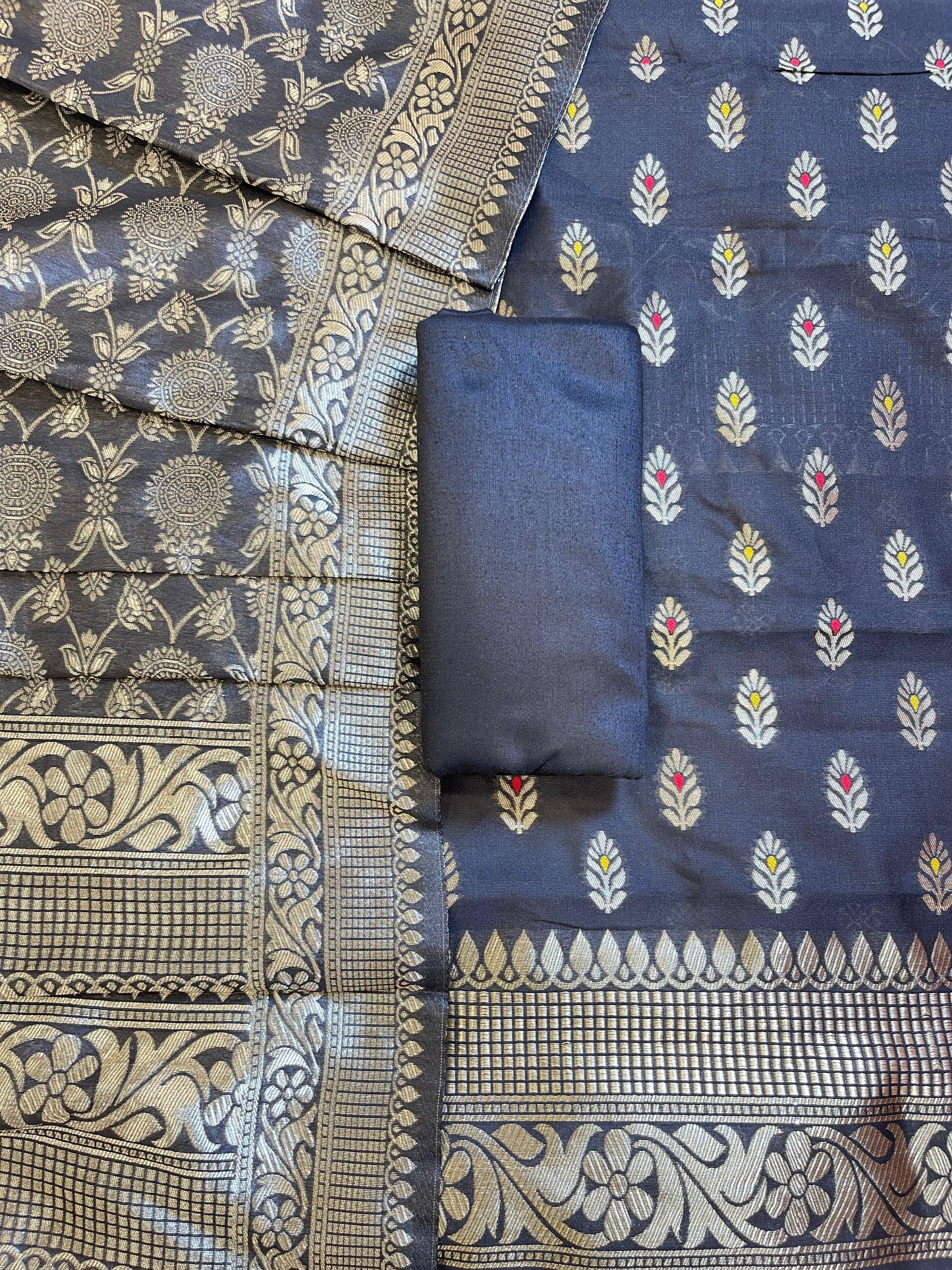 Black Butter Silk Zari Mina Booti Banarasi 3 pcs Suit Set 600SKL_BS15
