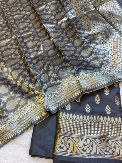 Black Butter Silk Zari Mina Booti Banarasi 3 pcs Suit Set 600SKL_BS15