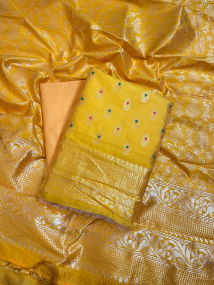 Yellow Butter Silk Zari Mina Booti Banarasi 3 pcs Suit Set 600SKL_BS16
