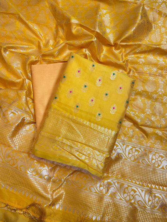 Yellow Butter Silk Zari Mina Booti Banarasi 3 pcs Suit Set 600SKL_BS16