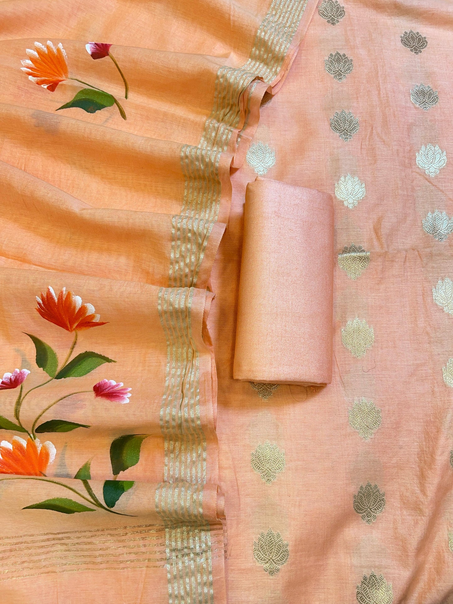 Peach Pure Mercerize Silk Zari Booti 3 pcs Suit set with Handpainted Dupatta 1000SKL_PM1