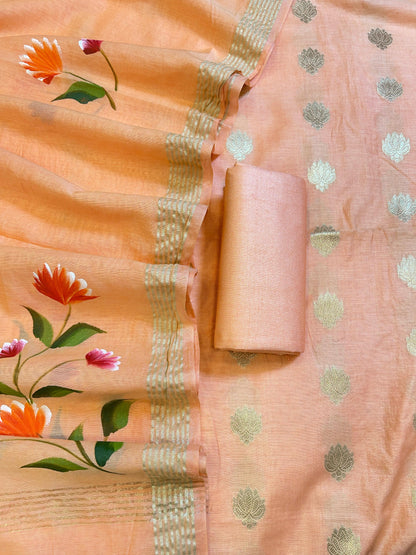 Peach Pure Mercerize Silk Zari Booti 3 pcs Suit set with Handpainted Dupatta 1000SKL_PM1