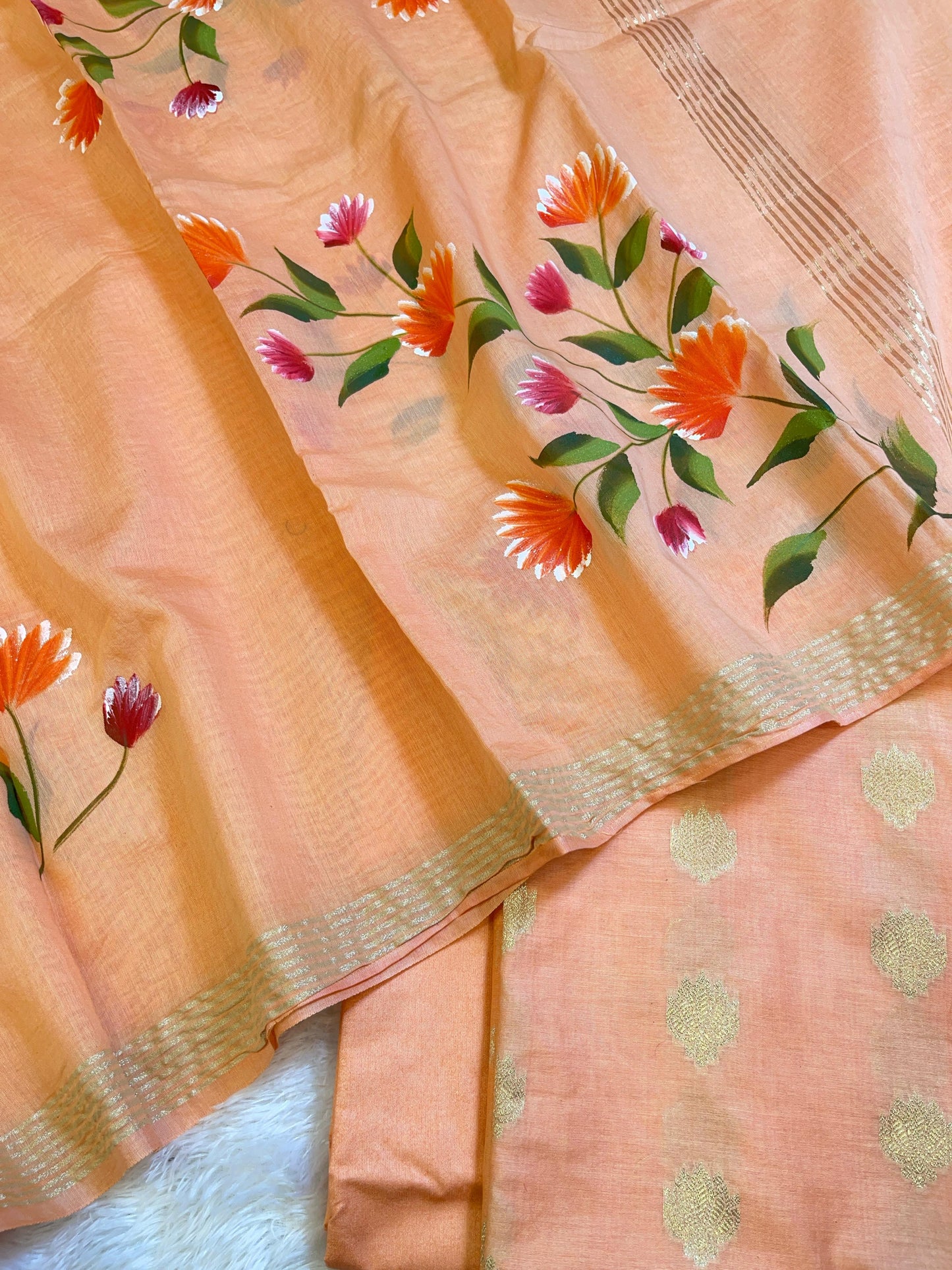 Peach Pure Mercerize Silk Zari Booti 3 pcs Suit set with Handpainted Dupatta 1000SKL_PM1