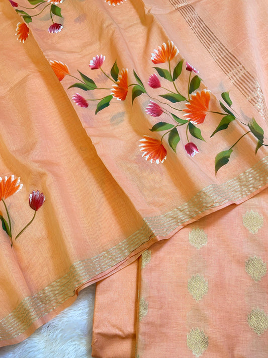 Peach Pure Mercerize Silk Zari Booti 3 pcs Suit set with Handpainted Dupatta 1000SKL_PM1