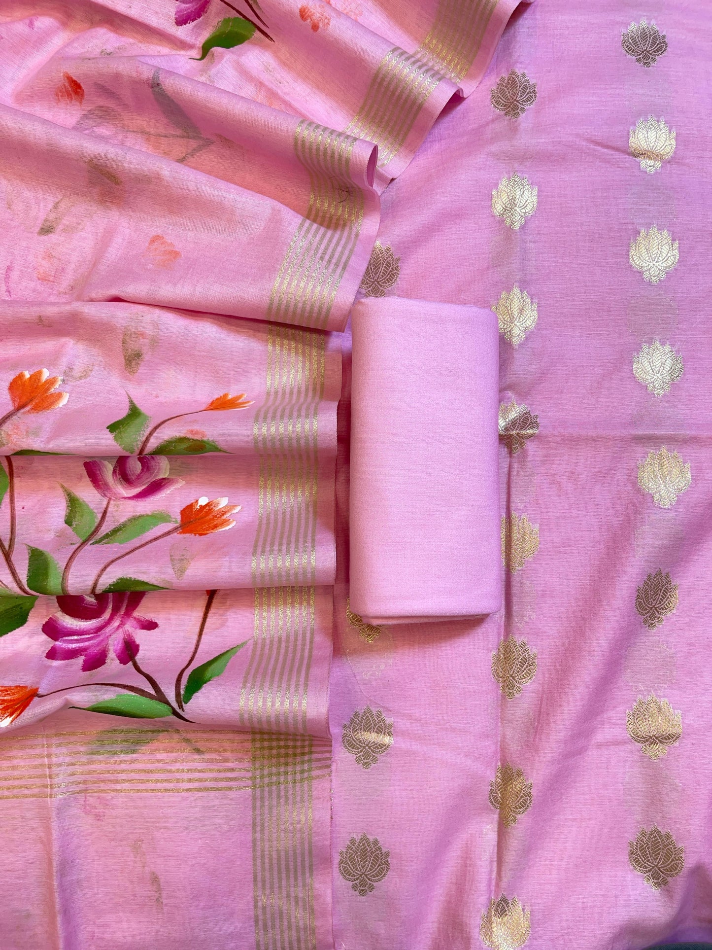Pink Pure Mercerize Silk Zari Booti 3 pcs Suit set with Handpainted Dupatta 1000SKL_PM2