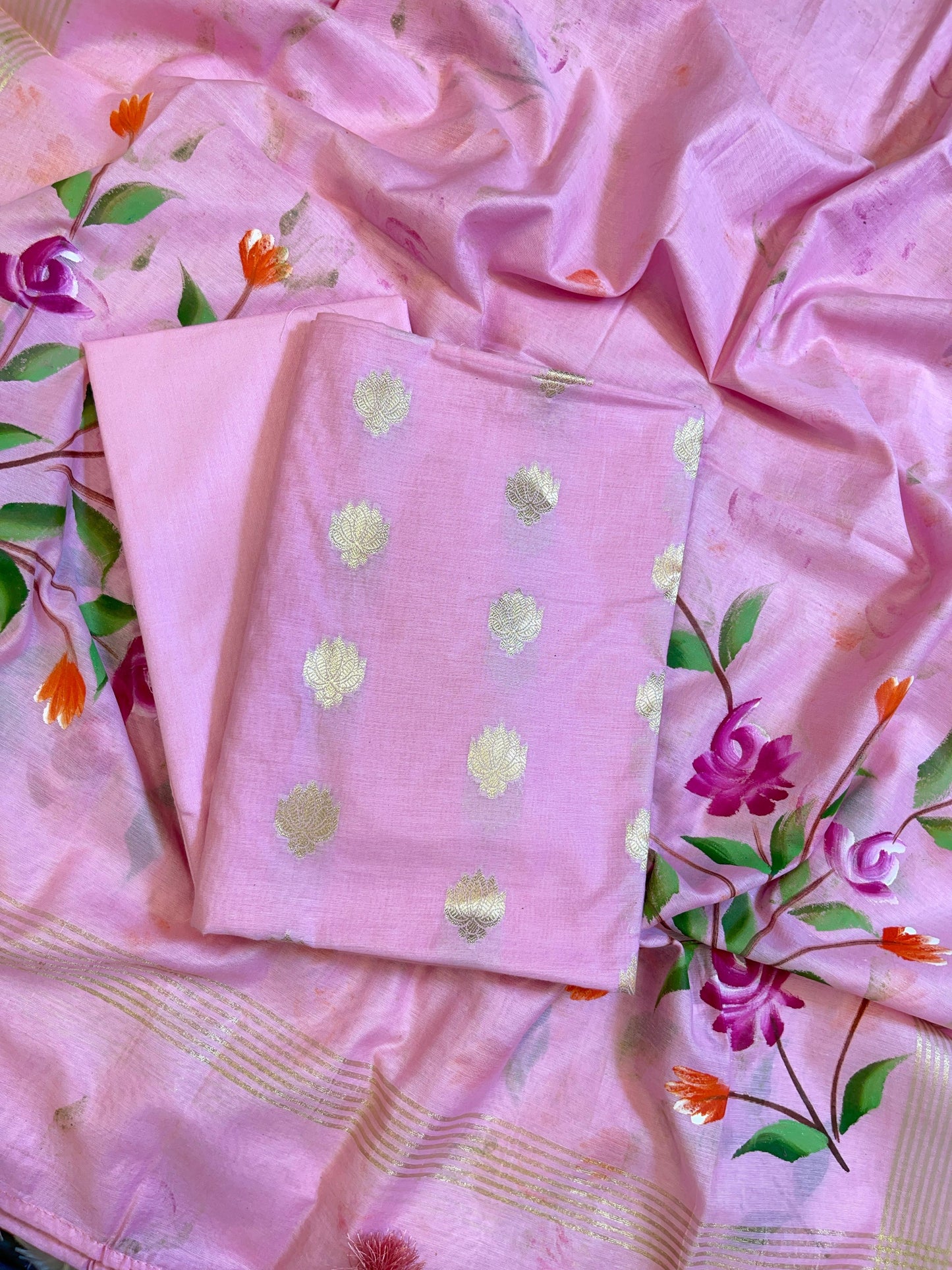 Pink Pure Mercerize Silk Zari Booti 3 pcs Suit set with Handpainted Dupatta 1000SKL_PM2