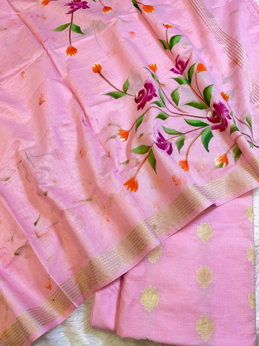 Pink Pure Mercerize Silk Zari Booti 3 pcs Suit set with Handpainted Dupatta 1000SKL_PM2
