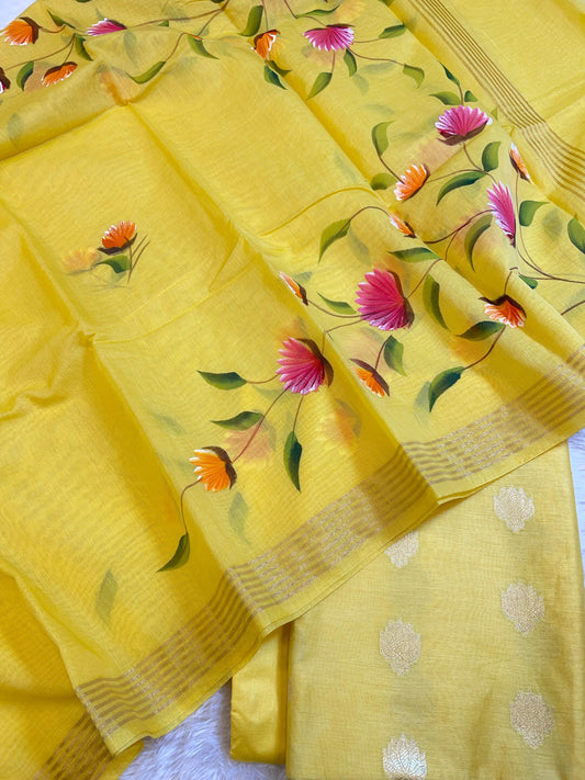 Yellow Pure Mercerize Silk Zari Booti 3 pcs Suit set with Handpainted Dupatta 1000SKL_PM3