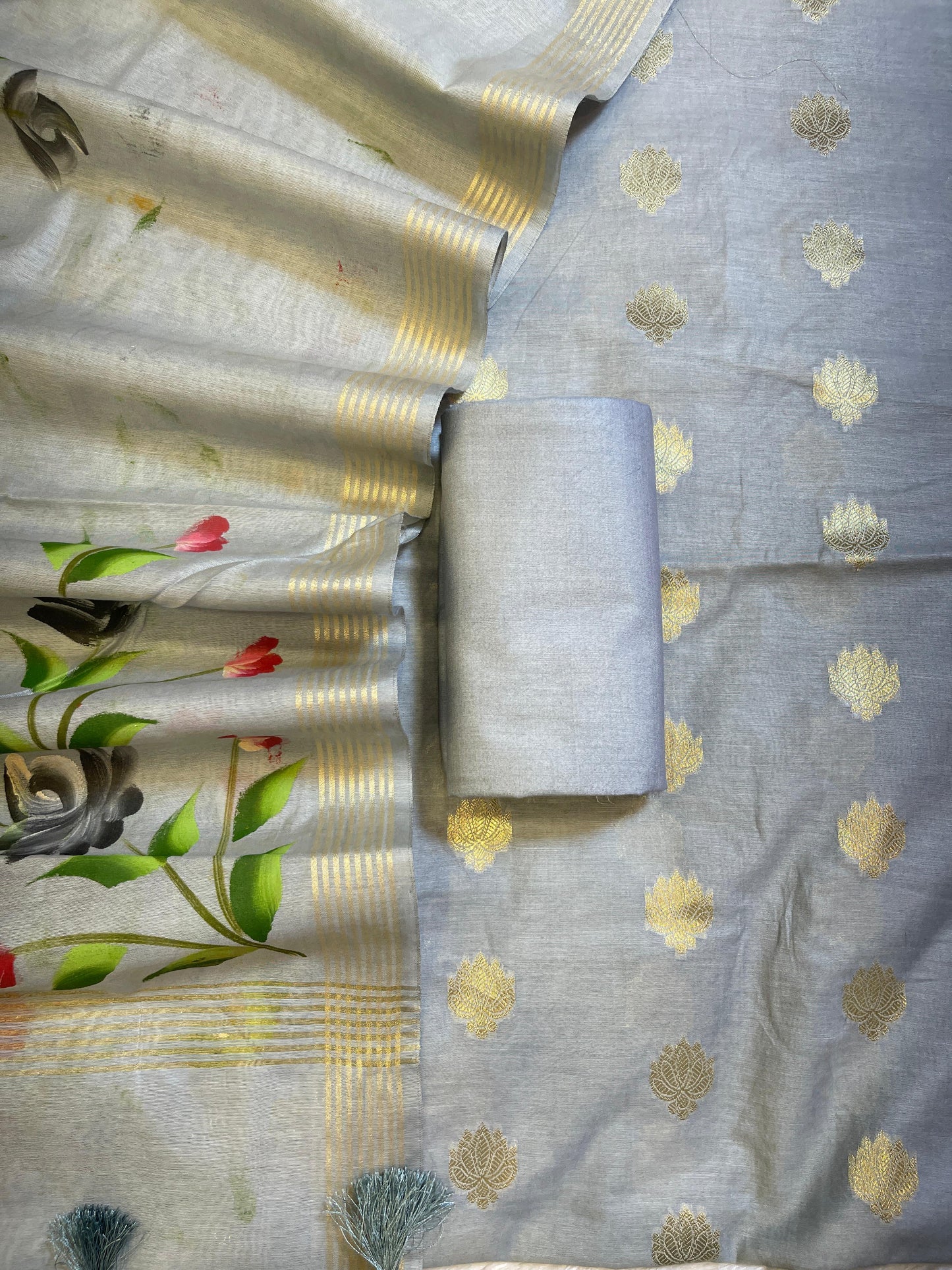 Grey Pure Mercerize Silk Zari Booti 3 pcs Suit set with Handpainted Dupatta 1000SKL_PM4