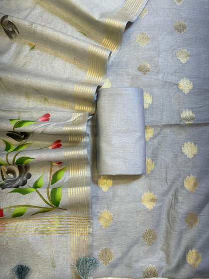 Grey Pure Mercerize Silk Zari Booti 3 pcs Suit set with Handpainted Dupatta 1000SKL_PM4