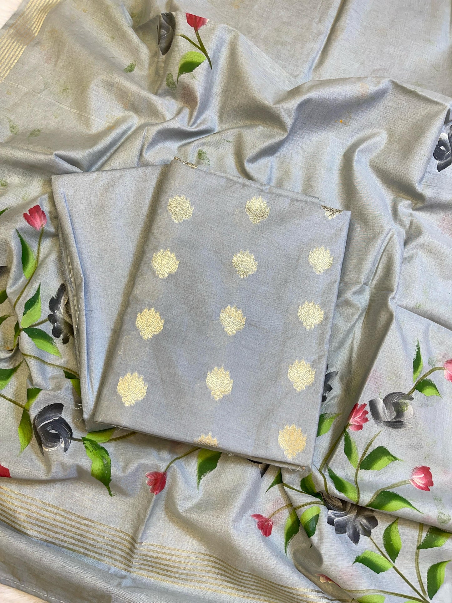 Grey Pure Mercerize Silk Zari Booti 3 pcs Suit set with Handpainted Dupatta 1000SKL_PM4