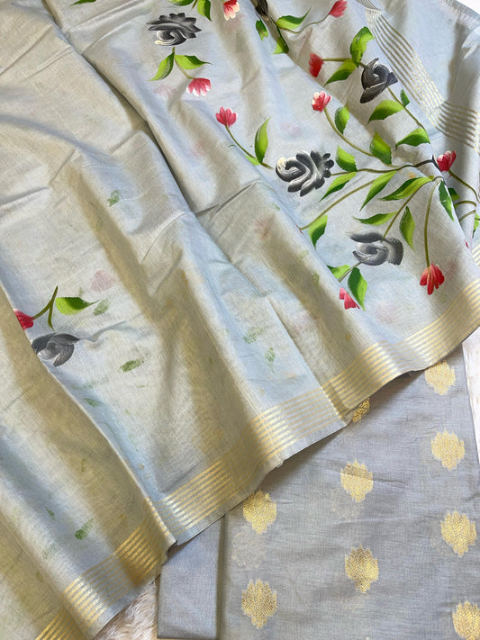 Grey Pure Mercerize Silk Zari Booti 3 pcs Suit set with Handpainted Dupatta 1000SKL_PM4