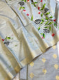 Grey Pure Mercerize Silk Zari Booti 3 pcs Suit set with Handpainted Dupatta 1000SKL_PM4