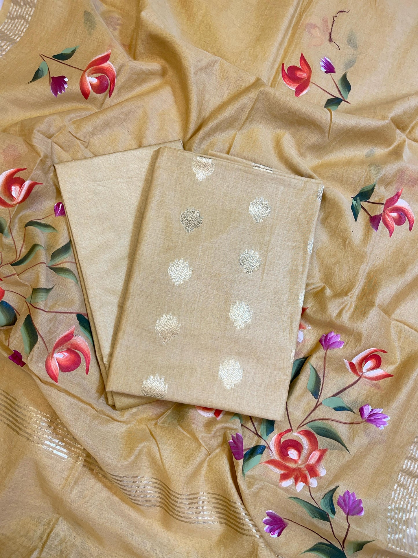 Beige Pure Mercerize Silk Zari Booti 3 pcs Suit set with Handpainted Dupatta 1000SKL_PM5