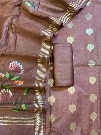 Brown Pure Mercerize Silk Zari Booti 3 pcs Suit set with Handpainted Dupatta 1000SKL_PM7