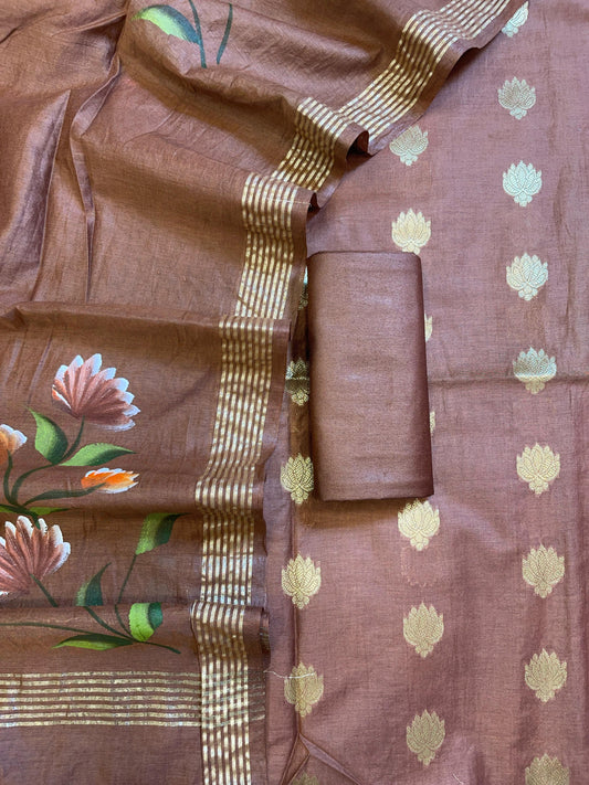 Brown Pure Mercerize Silk Zari Booti 3 pcs Suit set with Handpainted Dupatta 1000SKL_PM7