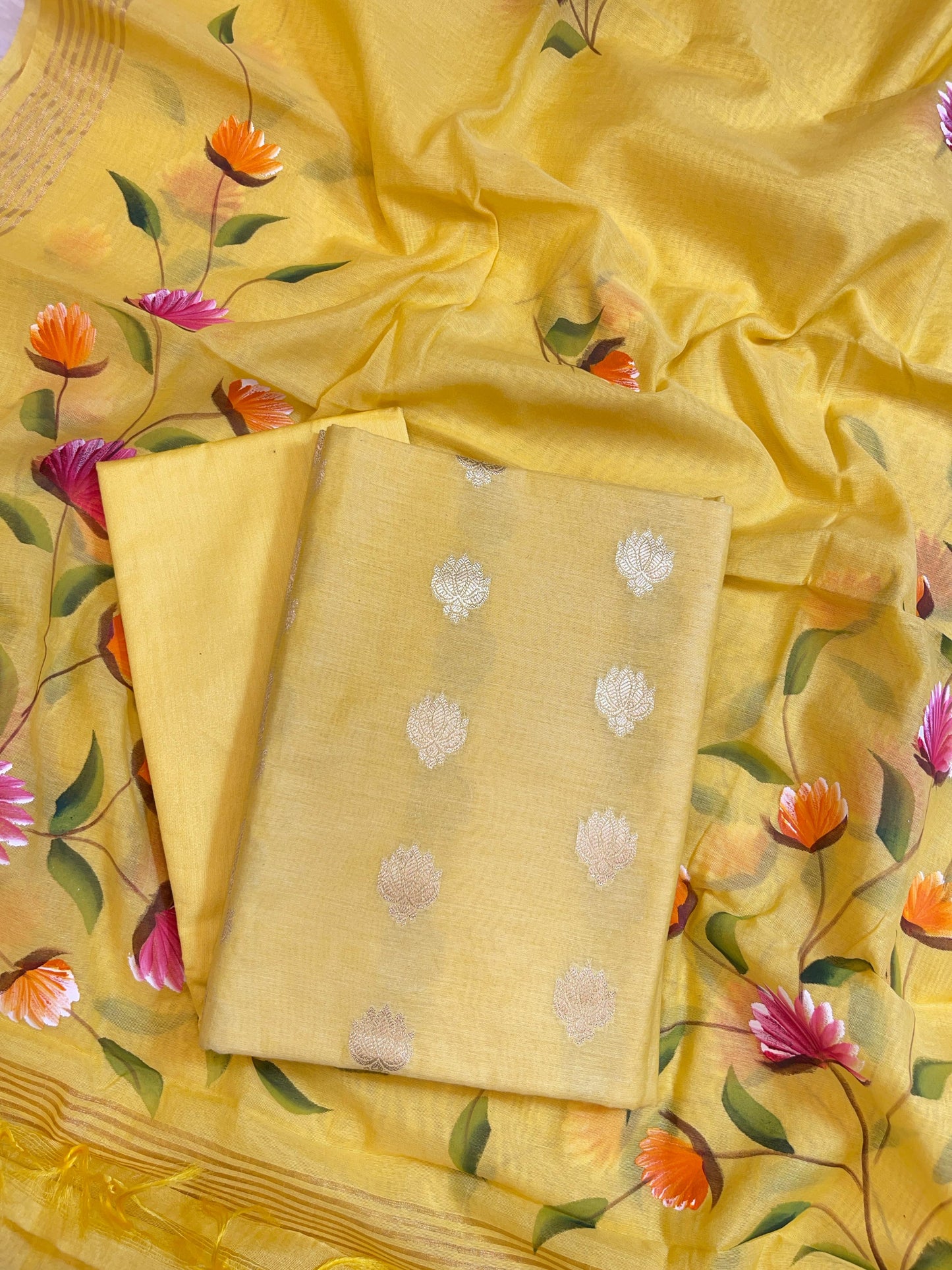 Yellow Pure Mercerize Silk Zari Booti 3 pcs Suit set with Handpainted Dupatta 1000SKL_PM3