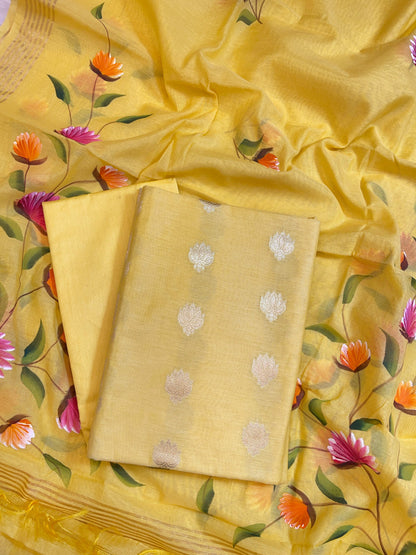 Yellow Pure Mercerize Silk Zari Booti 3 pcs Suit set with Handpainted Dupatta 1000SKL_PM3
