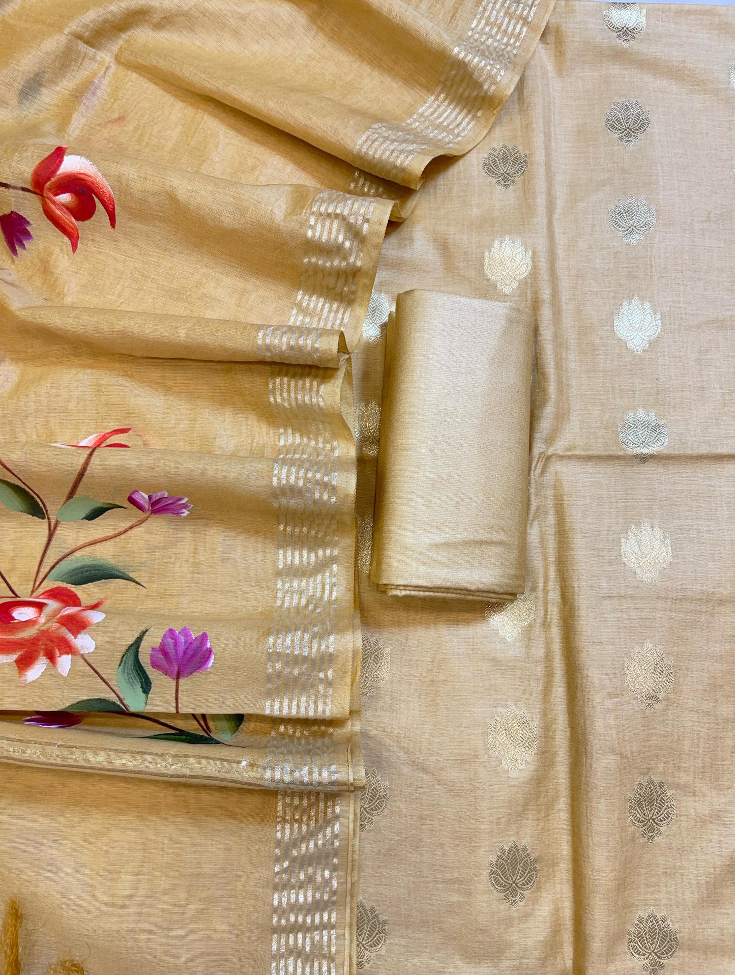Beige Pure Mercerize Silk Zari Booti 3 pcs Suit set with Handpainted Dupatta 1000SKL_PM5