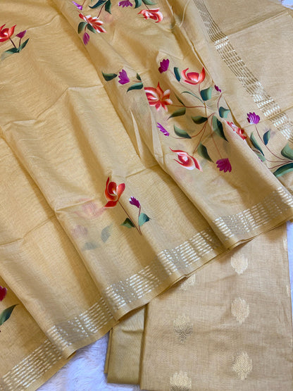 Beige Pure Mercerize Silk Zari Booti 3 pcs Suit set with Handpainted Dupatta 1000SKL_PM5