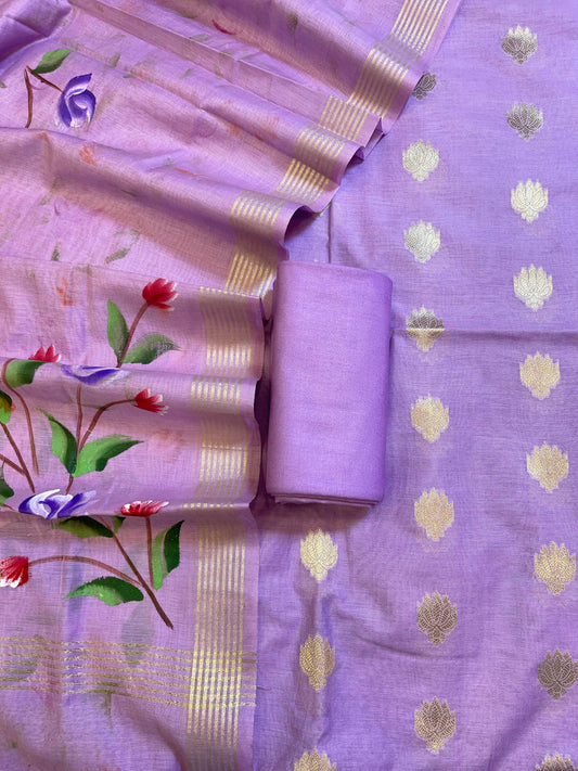 Light Purple Pure Mercerize Silk Zari Booti 3 pcs Suit set with Handpainted Dupatta 1000SKL_PM6