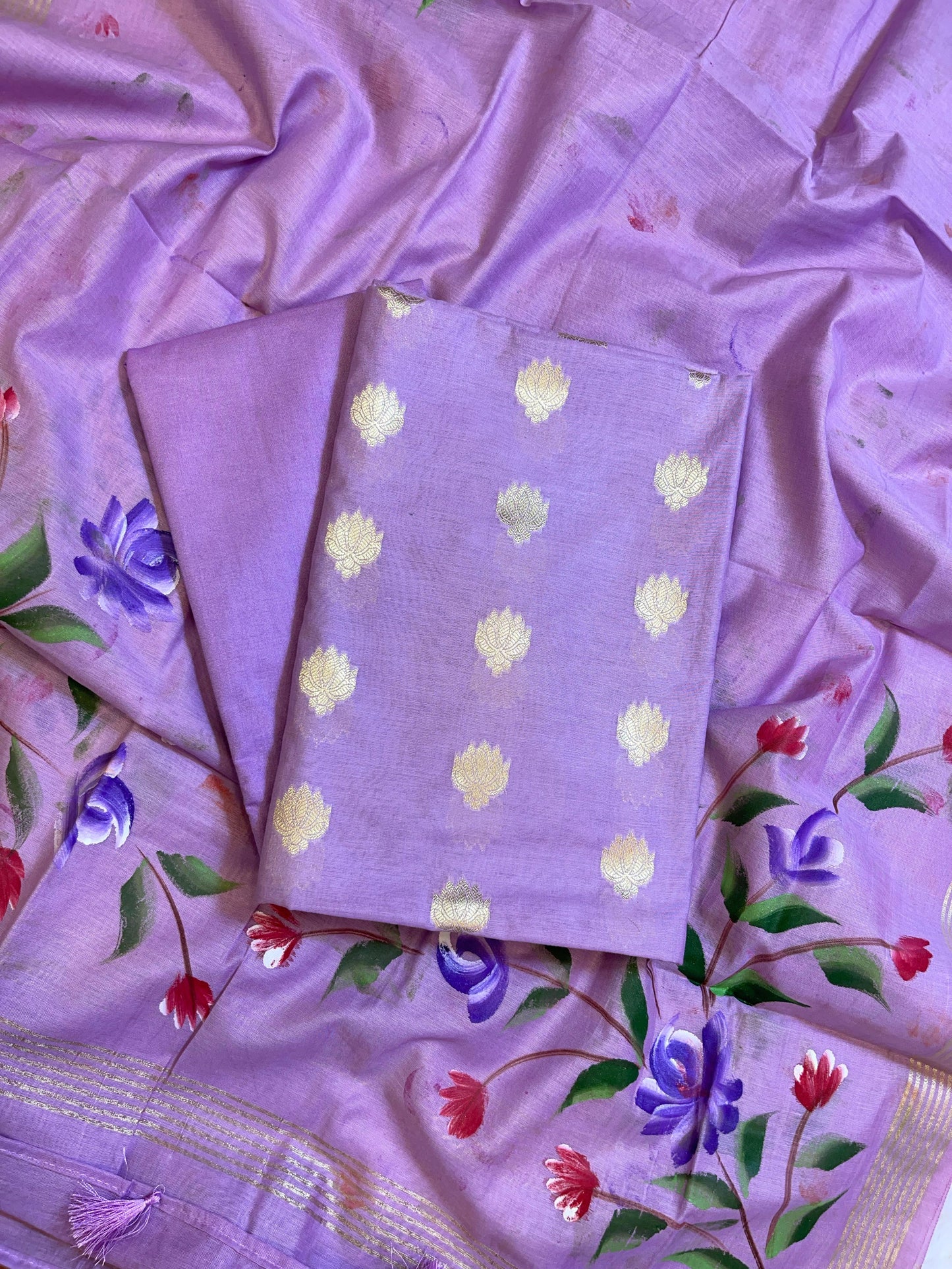 Light Purple Pure Mercerize Silk Zari Booti 3 pcs Suit set with Handpainted Dupatta 1000SKL_PM6
