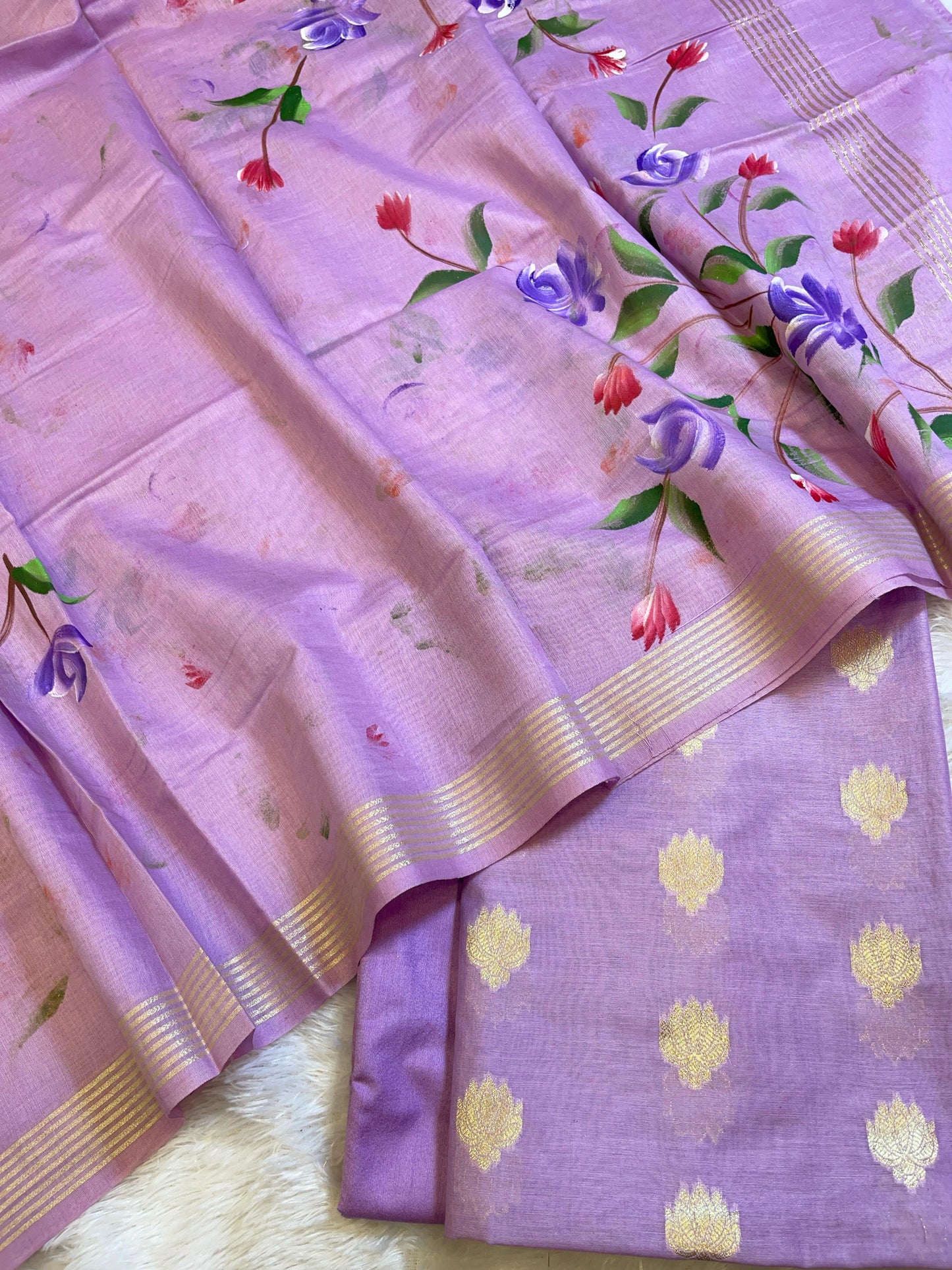 Light Purple Pure Mercerize Silk Zari Booti 3 pcs Suit set with Handpainted Dupatta 1000SKL_PM6