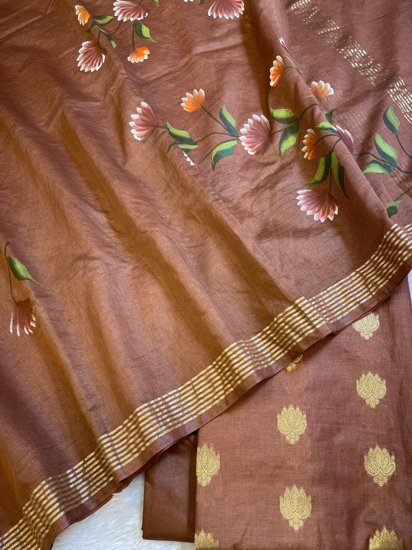 Brown Pure Mercerize Silk Zari Booti 3 pcs Suit set with Handpainted Dupatta 1000SKL_PM7