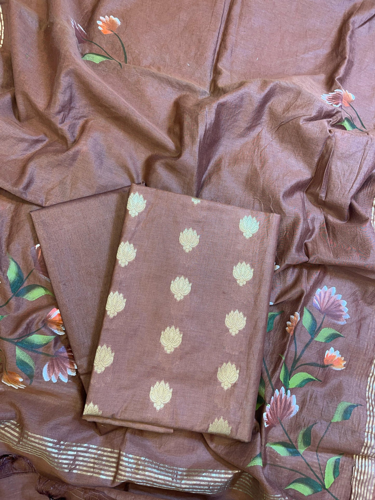 Brown Pure Mercerize Silk Zari Booti 3 pcs Suit set with Handpainted Dupatta 1000SKL_PM7