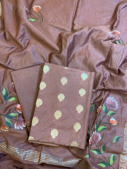 Brown Pure Mercerize Silk Zari Booti 3 pcs Suit set with Handpainted Dupatta 1000SKL_PM7