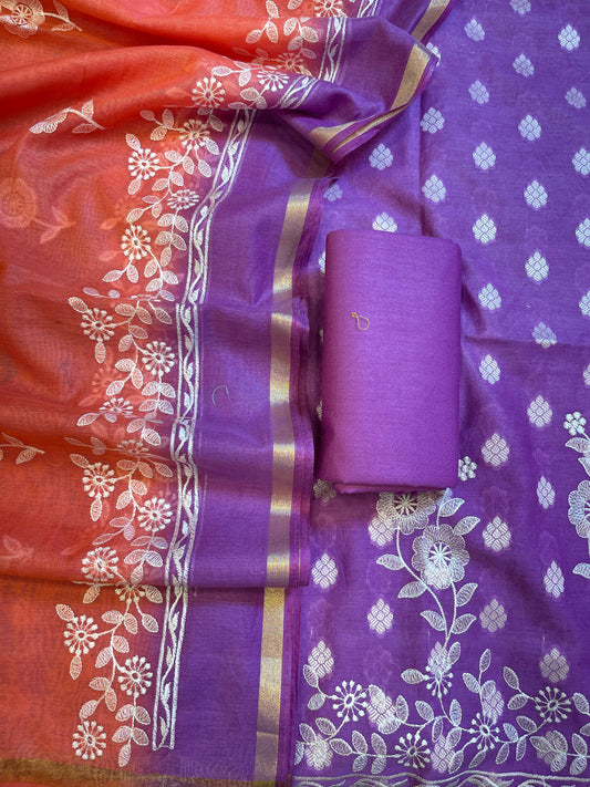 Purple Cotton Embroidery Banarasi 3 pcs Suit set with Contrast Orange Dupatta 1200SKL_MSC1