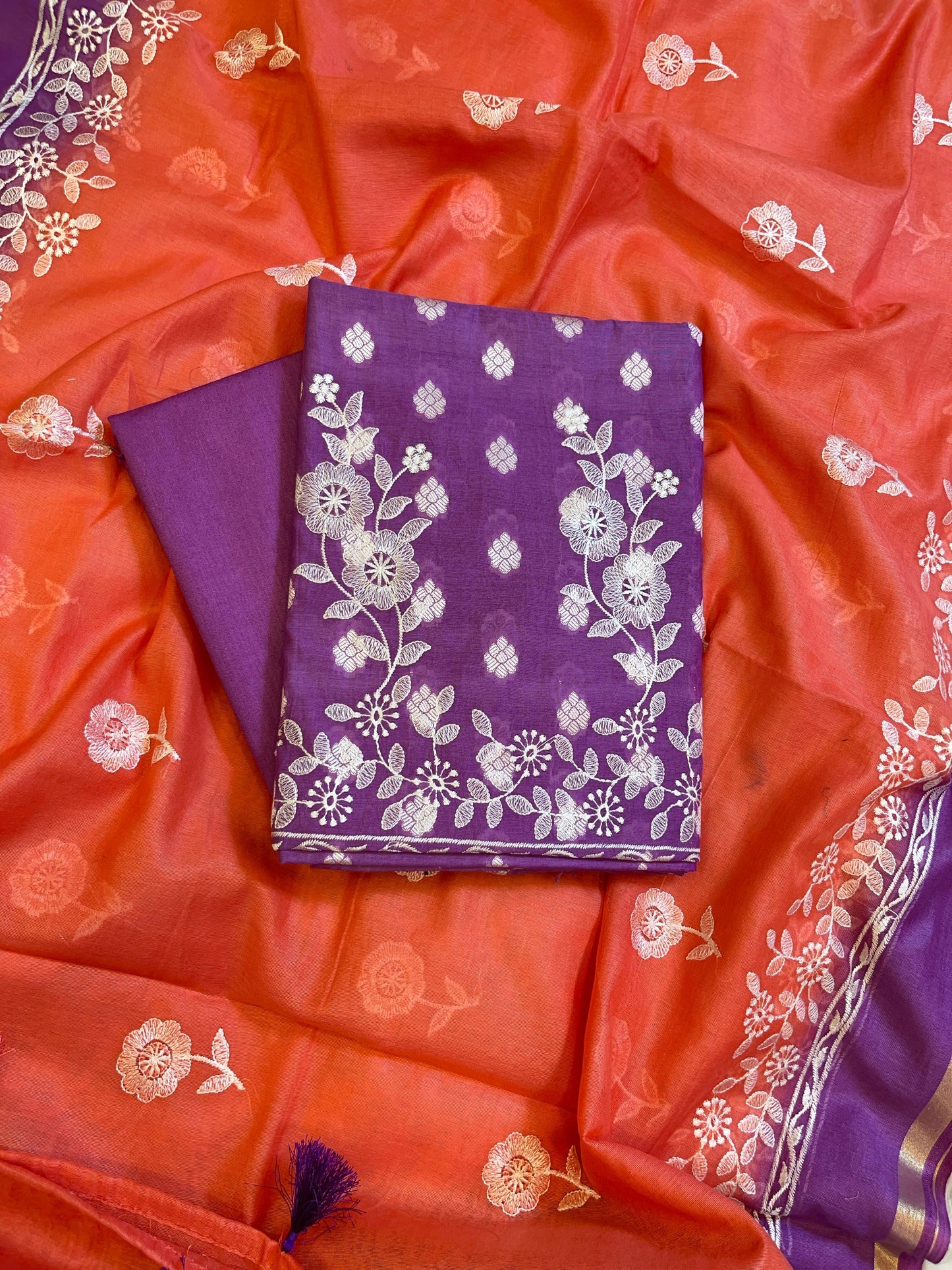 Purple Cotton Embroidery Banarasi 3 pcs Suit set with Contrast Orange Dupatta 1200SKL_MSC1